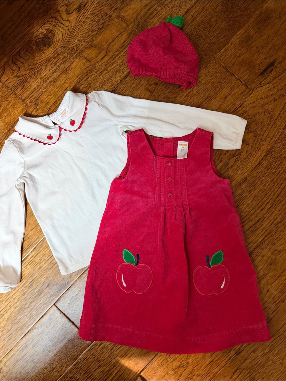 Gymboree Red  Corduroy Apple Jumper with White Top and Red Apple Hat.
